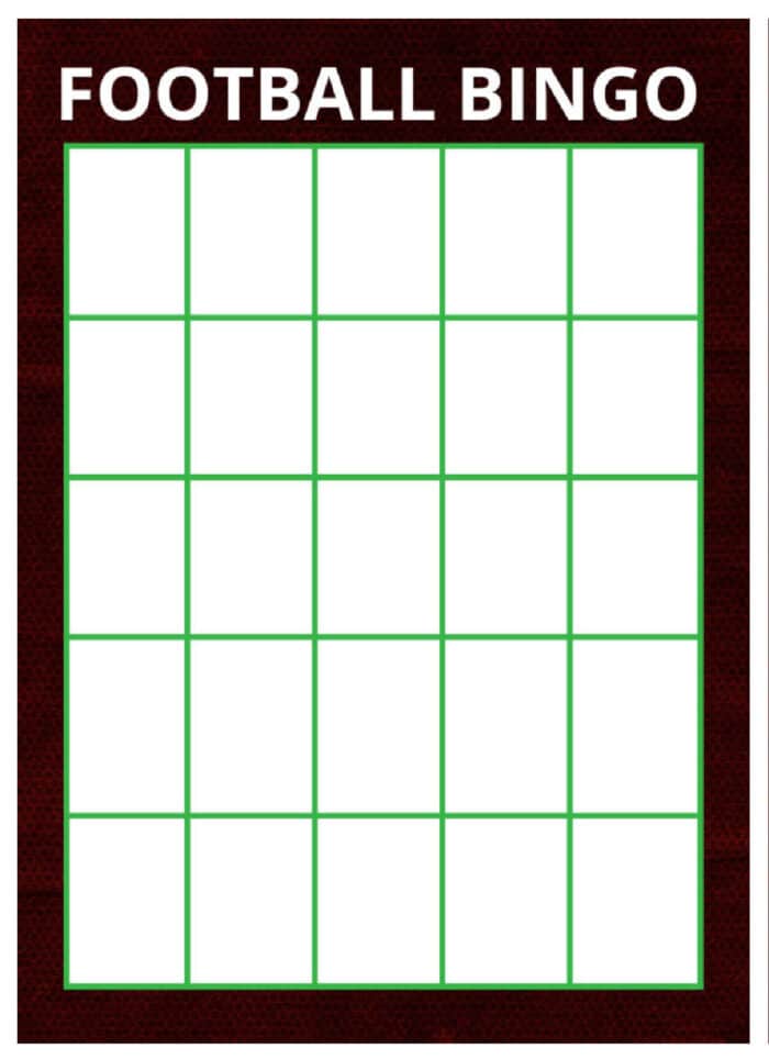 A football bingo card featuring a 5x5 grid of empty squares, with FOOTBALL BINGO boldly displayed at the top—perfect for adding excitement to your next football bingo game.
