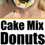 Child holding a chocolate donut with white icing and sprinkles; more decorated cake mix donuts are displayed below.