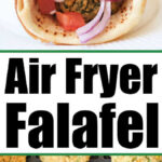 An air fryer falafel pita wrap with fresh vegetables, featuring crispy air fryer falafel patties cooking in the basket.