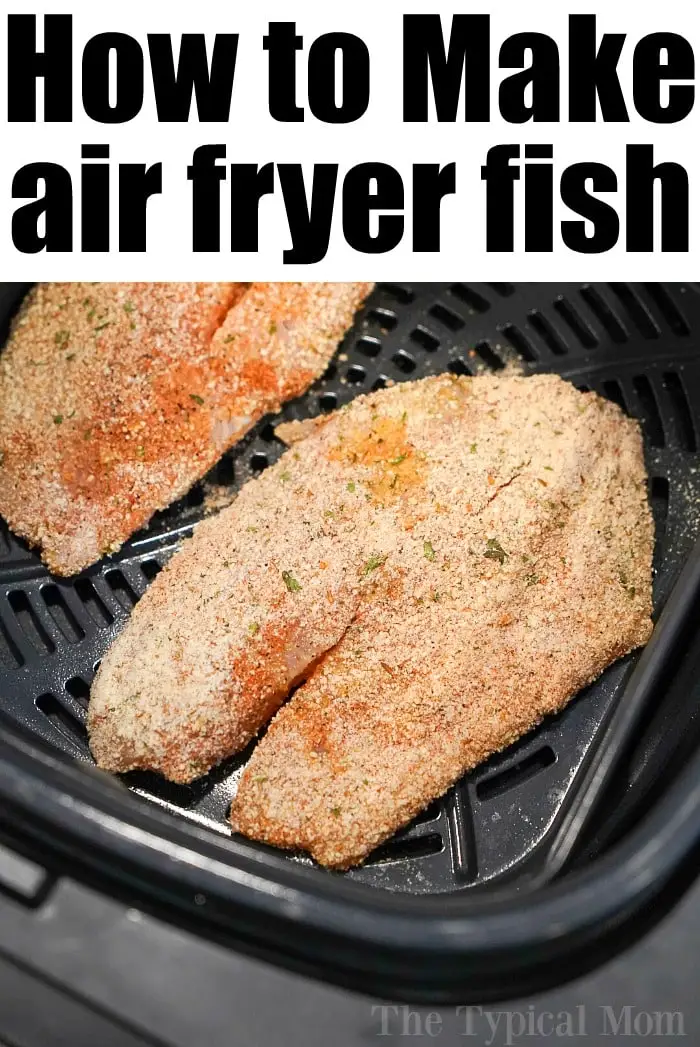 Two breaded tilapia fillets are placed in an air fryer basket, ready to be cooked. The text at the top reads, "How to Make air fryer fish.