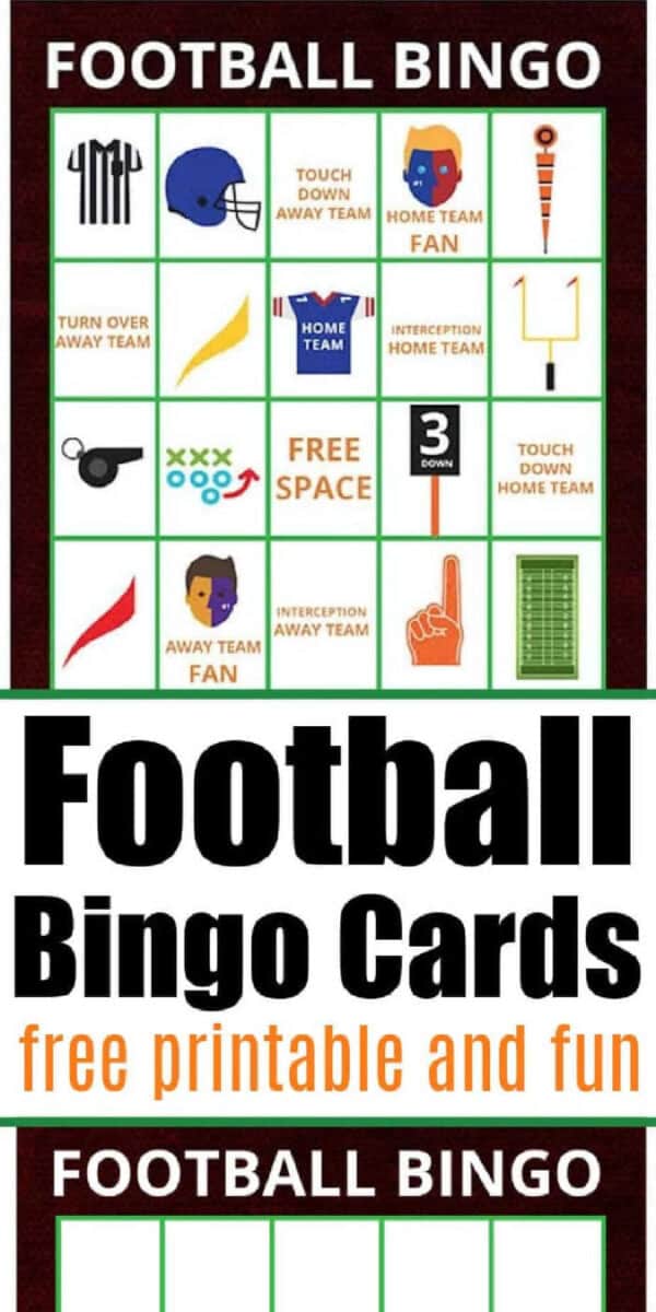 Football bingo card with icons and text; Football Bingo Cards, free printable and fun football bingo activities written below.