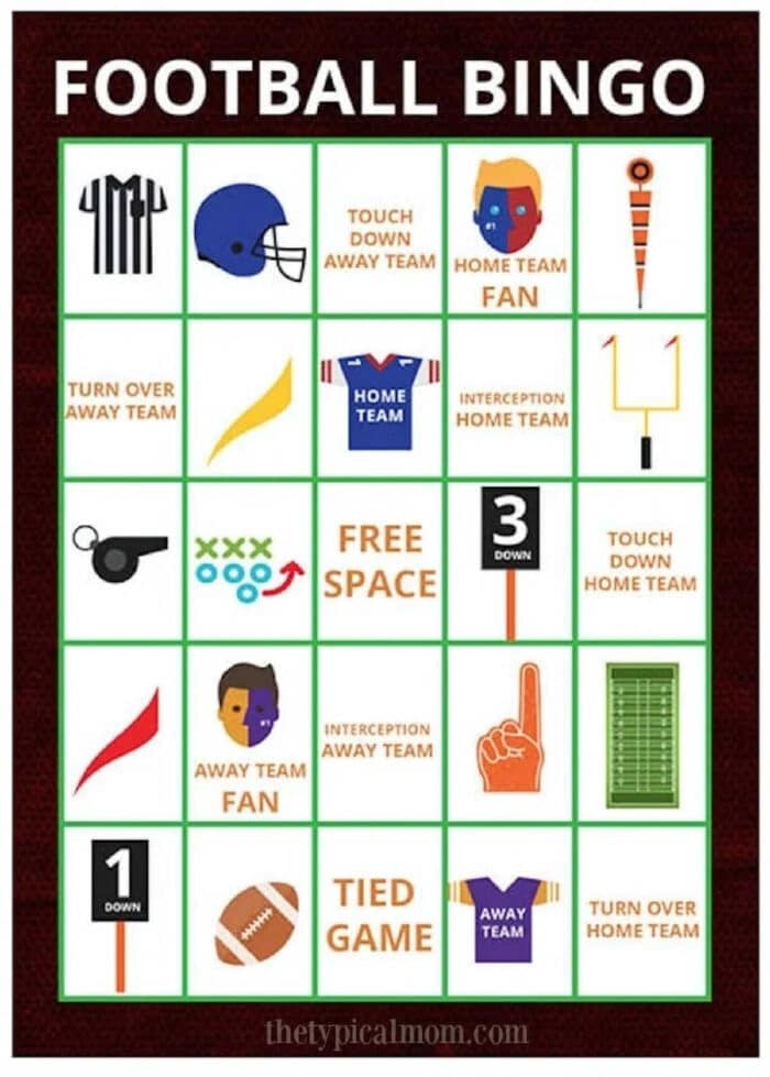 A football bingo card featuring icons of helmets, jerseys, plays, and classic football game actions in each square.