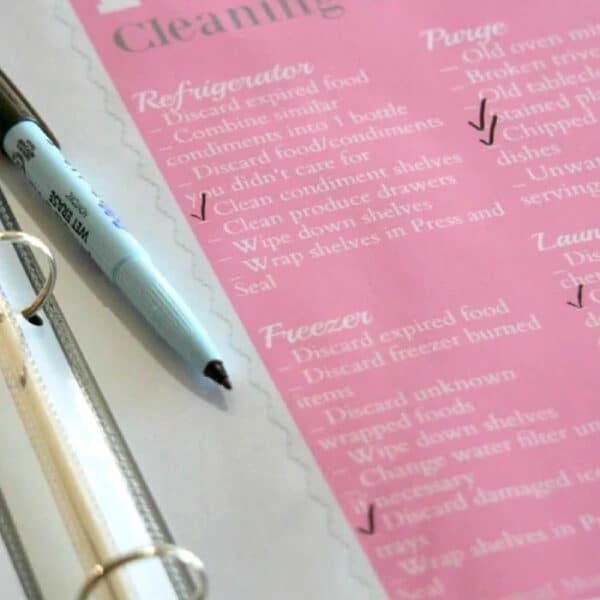 A February cleaning checklist is neatly displayed in a home organization binder, with a pen resting on the open page, ready for your next task.