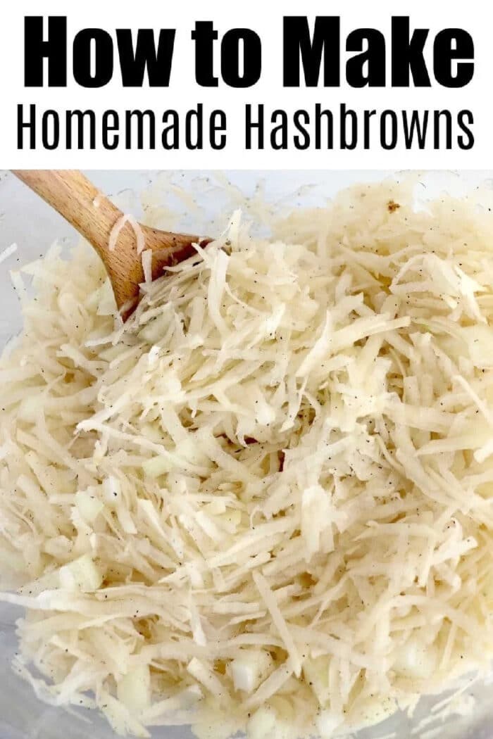 Shredded potatoes mixed in a bowl with a wooden spoon, labeled How to Make Homemade Air Fryer Hash Browns.