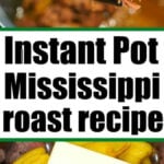 Tongs holding shredded Mississippi roast instant pot beef; butter and peppers on tender meat in an Instant Pot; recipe title text.