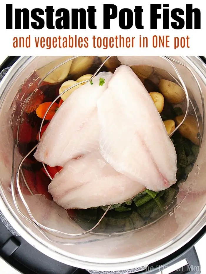 A top-view photo of fillets of raw fish, assorted vegetables, and herbs in an Instant Pot with a metal trivet. The text reads, "Instant Pot Fish and vegetables together in ONE pot." Perfect for those who also love air fryer tilapia!