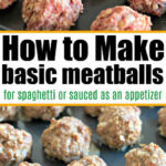 Raw and baked meatballs on a sheet pan, with text: How to Make a basic meatball recipe for spaghetti or appetizers.