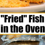 Oven fried fish fillets on a plate, with one fillet being coated in breadcrumbs in a baking dish.