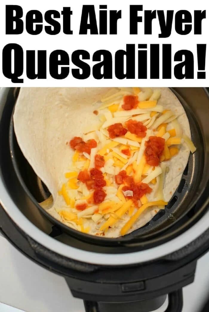 Air fryer quesadilla is the bomb! WAY better than on the stovetop or microwave, try this crispy cheesy lunch idea with 1 secret ingredient today. #airfryer #airfryerquesadilla #quesadilla #airfryerrecipes #ninjafoodi Crispy tortilla with melted cheese and salsa in an air fryer, with text: Best Air Fryer Quesadilla! Try this easy air fryer quesadilla recipe for a tasty snack.
