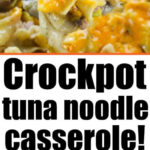 Creamy crockpot tuna noodle casserole with sweet corn, topped with gooey melted cheese, served on a spoon and in a pot—comfort food made easy!.