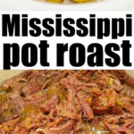 Two stages of Mississippi roast slow cooker: seasoned raw beef with peppers, then cooked and shredded beef simmering in rich broth.