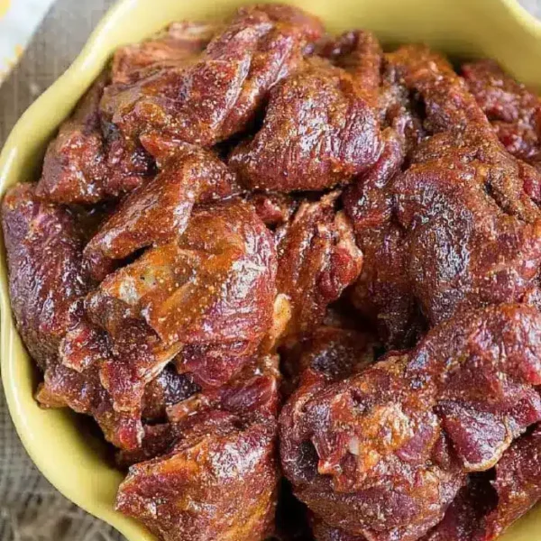 A bowl filled with seasoned pieces of raw meat, placed on a wooden surface. The reddish-brown color suggests the use of the best fajita marinade, infused with spices. The light brown bowl has a decorative edge, enhancing its rustic appeal.