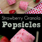 Fresh Fruit Frozen Yogurt Popsicles on sticks, featuring strawberry granola flavor, served with fresh strawberries on a wooden board and a red checkered cloth.