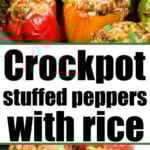 Colorful crockpot stuffed bell peppers filled with rice and herbs, topped with melted cheese, served on a white plate.