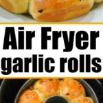 Golden air fryer garlic bread rolls served on a plate with rich marinara dipping sauce in the center.