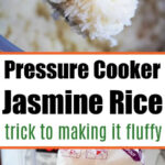 A spoon lifts fluffy jasmine rice above a pot, showcasing the perfect results of cooking jasmine rice in an Instant Pot; below is a Mahatma jasmine rice package.