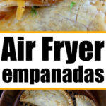 Close-up of savory beef filling inside air fryer empanadas, with golden empanadas cooking in an air fryer basket. Text: Air Fryer empanadas.