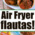 Three beef air fryer flautas with salsa and labeled bowls of ingredients, including cheese and tortillas, perfect for making delicious air fryer flautas at home.