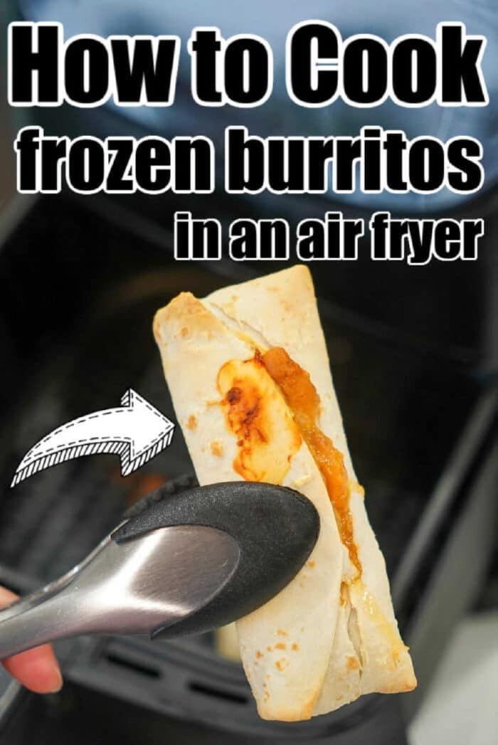 A hand holds tongs with a frozen burrito in front of an air fryer, ready to show how easy it is to make a frozen burrito in air fryer, with cooking instructions text above.