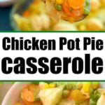A spoonful of easy chicken pot pie casserole with carrots, peas, corn, and chicken above a bowl of the same comforting dish.