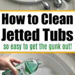 Jetted bathtub with arrows, cleaning a jetted tub instructions, and someone pouring cleaner into a tub of water.