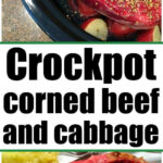 Raw slow cooker corned beef brisket with spices in a crockpot above sliced cooked corned beef and cabbage on a plate.