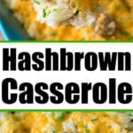 A cheesy hamburger hashbrown casserole with sour cream and meatballs, topped with chopped chives, served hot in a baking dish.