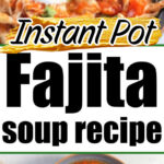 Overhead view of a bowl of flavorful fajita soup, topped with sour cream and fresh cilantro.