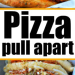 Close-up of cheesy pull apart pizza bread slices topped with herbs, arranged in a baking dish.