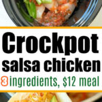 Raw chicken, onions, peppers, and salsa in a slow cooker; finished salsa chicken taco held in a hand below.