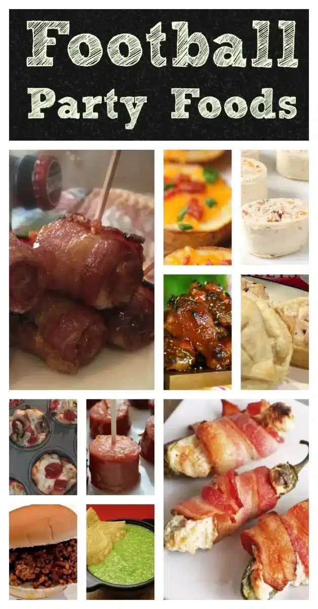 Collage of various football party foods, including bacon-wrapped items, dips, sliders, and stuffed peppers. Make ahead twice baked potatoes add a hearty touch. Bold text at the top reads "Football Party Foods," showcasing diverse snack options in vibrant images.