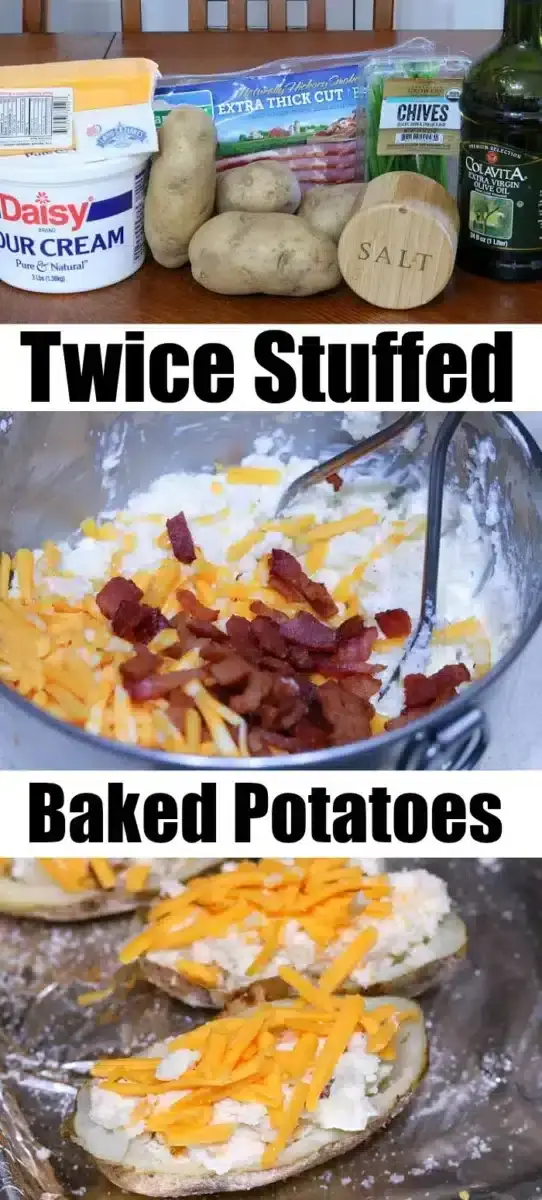 Make ahead twice baked potatoes feature ingredients like sour cream, chives, and olive oil. In a mixing bowl, mashed potatoes blend with cheese and bacon before being nestled back into their skins. Once topped with extra cheese and bacon, they're ready to bake for a satisfying treat.