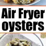 Air fryer oysters, breaded and golden, served with lemon wedges on a plate, alongside a bowl of raw oysters below.