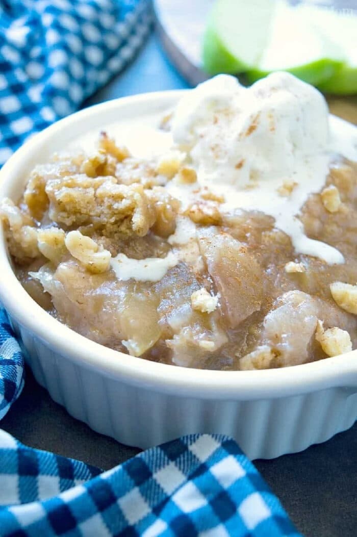 Crockpot apple crisp pie is amazing! It tastes like the warm apple pie filling without the crust and cooked in your slow cooker, easy! #applecrisp #crockpot #slowcooker #pie #dessert #fruit #breakfast #crockpotrecipes #crockpotapplecrisp #thetypicalmom Crockpot apple crisp topped with a scoop of vanilla ice cream in a white dish, next to a blue checkered cloth.