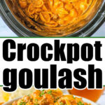 Overhead view of Goulash in the Crock-pot, served in a bowl and topped with chopped parsley.