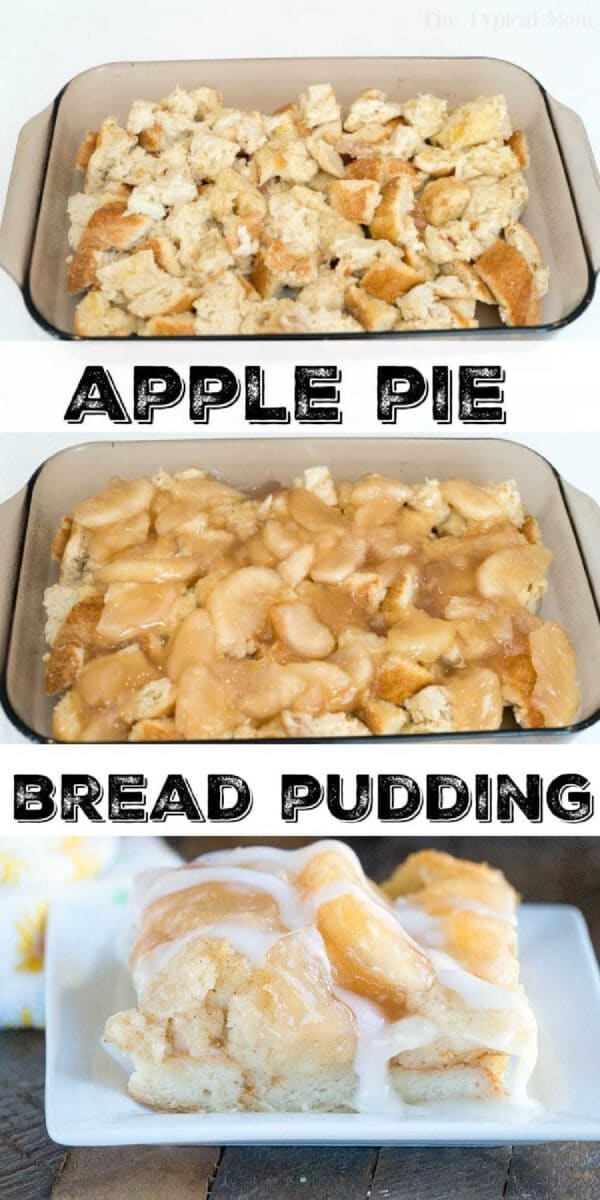 Three steps showing apple pie bread pudding: bread pieces, apple filling added to create delicious layers, and the finished apple pie bread pudding drizzled with sweet icing.