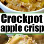 Bowl of crockpot apple crisp topped with ice cream and a close-up of a spoonful of apple crisp.