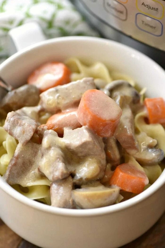 Easy Instant Pot beef stroganoff recipe that is quick and as creamy as you remember from your childhood! Total comfort food made in your pressure cooker in a fraction of the time it used to. #instantpot #pressurecooker #beef #stroganoff #instantpotrecipes #thetypicalmom A bowl of creamy Instant Pot beef stroganoff with stew meat, carrots, mushrooms, and noodles.