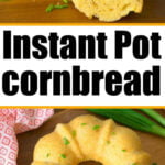 Sliced cornbread garnished with chives on a wooden board, labeled pressure cooker cornbread.