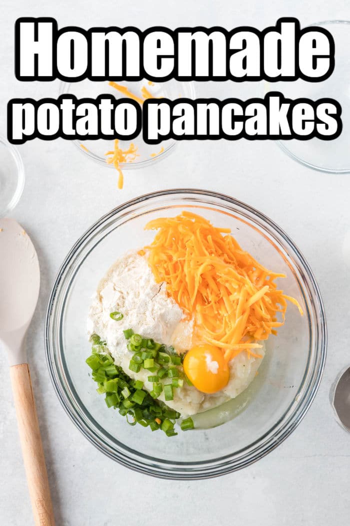 Glass bowl with ingredients ready for making delicious Air Fryer Potato Pancakes at home.