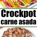 Tacos filled with tender Carne Asada Crock Pot beef, tomatoes, onions, and cilantro; shredded meat and warm tortillas on a plate.