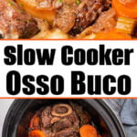 Close-up of Slow Cooker Ossobuco Beef served on mashed potatoes, surrounded by tender carrots and fresh herbs.