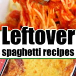 Spaghetti leftovers, showing reheated pasta with a rich, savory sauce and a sprinkle of cheese.