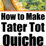 Close-up of a tater tot spinach quiche with a golden, crispy crust, shown whole and as a slice on a white plate.