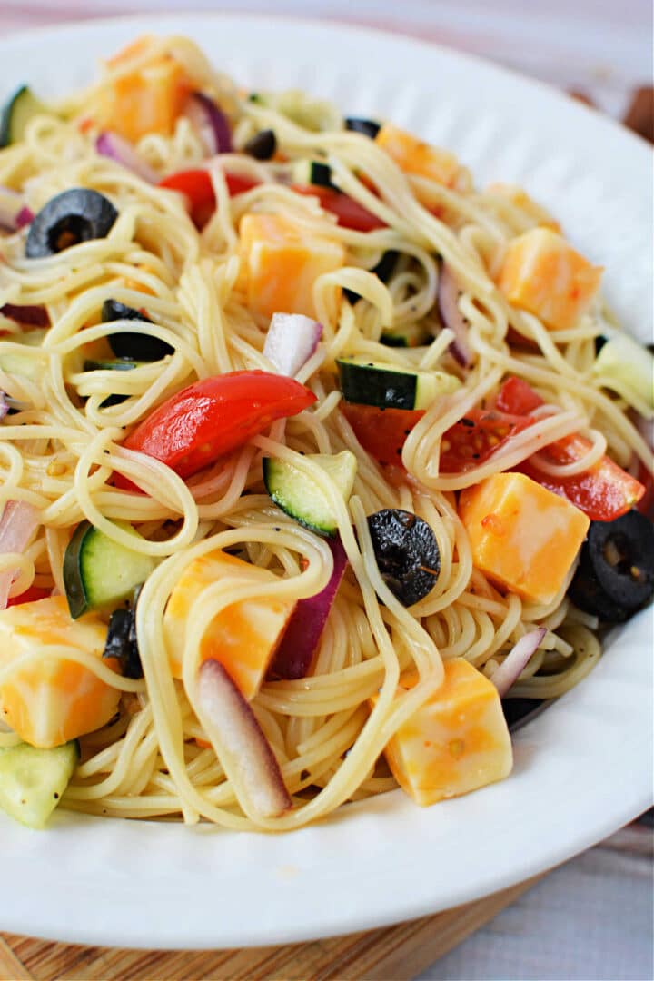 4 ingredient pasta salad with Italian dressing simple quick pantry ingredients BBQ potluck side dish