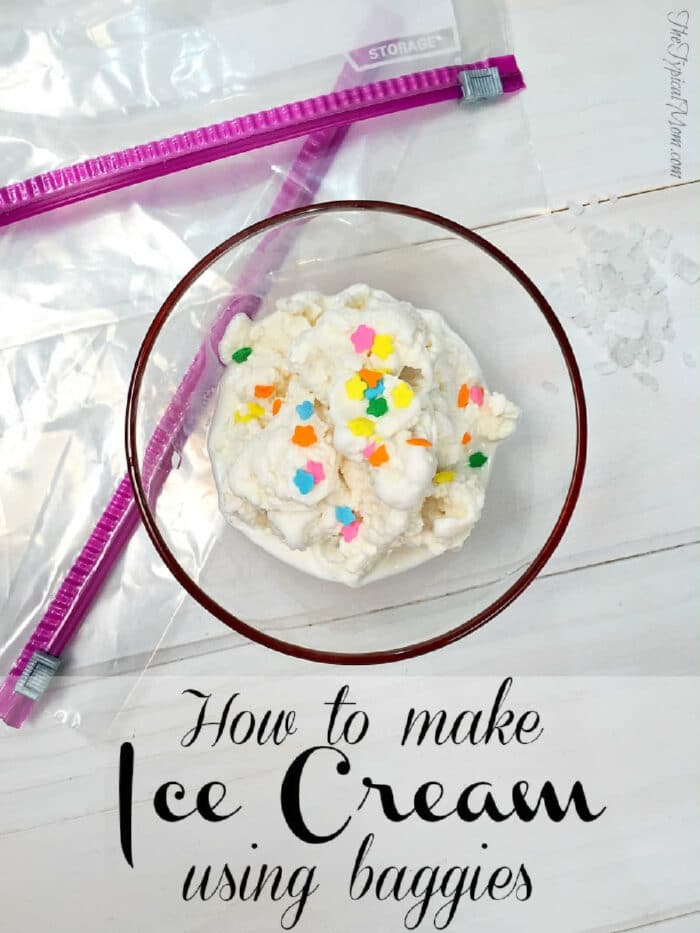 This is how to make ice cream at home using 2 bags!! It's an easy activity to do with your kids that is yummy and easy to do. You just need a few items to make homemade no churn ice cream without the need of an ice cream maker, really! You've got to try this with them this summer. #homemade #icecream #bags #howtomake #easy #recipe #nochurn A bowl of ice cream with sprinkles sits by ziplock bags, with the text how to make ice cream at home using baggies.