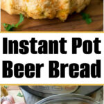 A round loaf of instant pot beer bread on a board and a hand dipping bread into yellow batter near an Instant Pot.