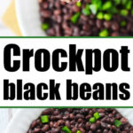 A bowl of slow cooker black beans garnished with chopped jalapeños and cilantro.