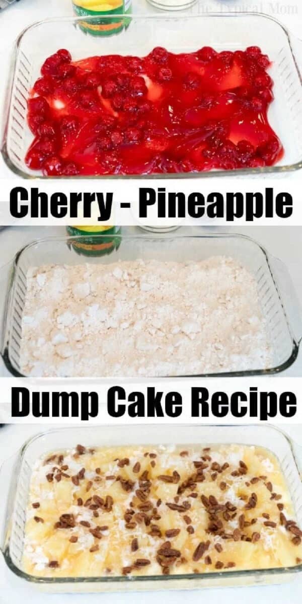 Cherry pineapple dump cake recipe turns out amazing! A fruit dessert with only 4 main ingredients and you can add to it like coconut and nuts too. #pineapple #cherry #dumpcake #cake #cake #coconut #dessert Three simple steps to make a cherry pineapple dump cake with white cake mix in a glass baking dish, showcasing the colorful fruit and crumbly toppings.