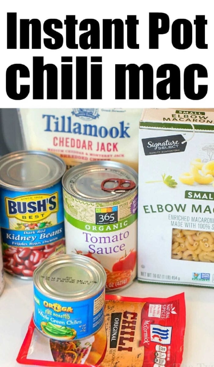Ingredients for this Instant Pot chili mac recipe include beans, cheese, tomato sauce, macaroni, and seasonings—everything you need for a quick and hearty meal.